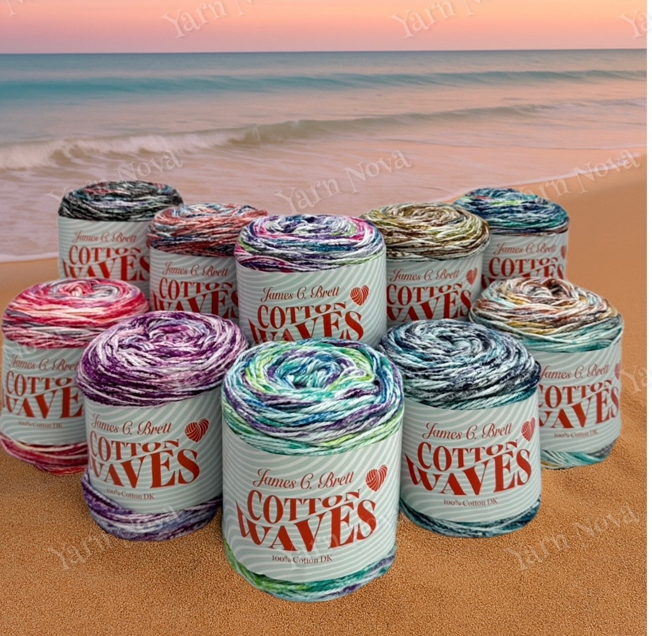 Beach with cotton waves yarn sat on sand