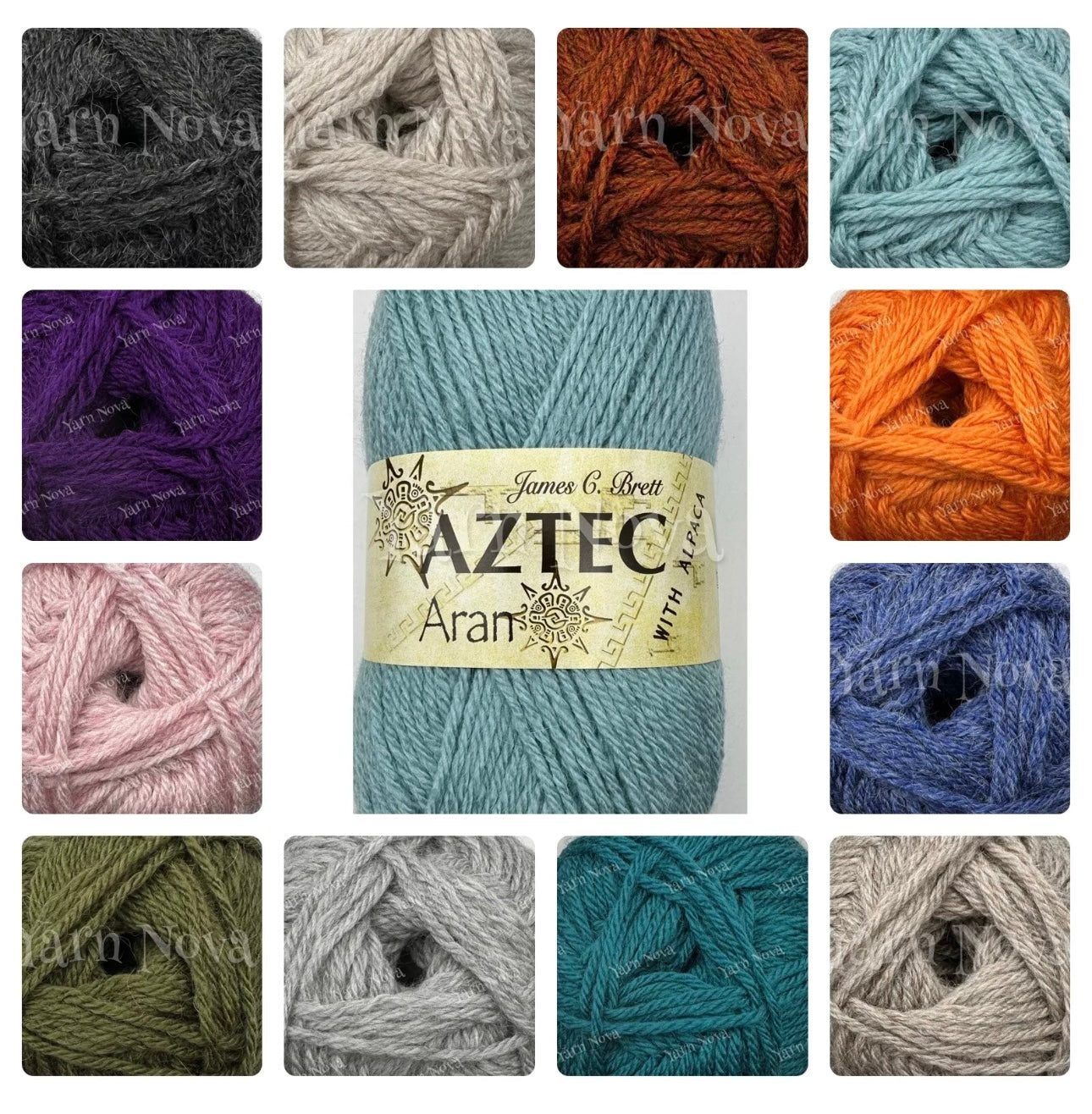 James C Brett Aztec Aran With Alpace Yarn Wool. Collage of shades